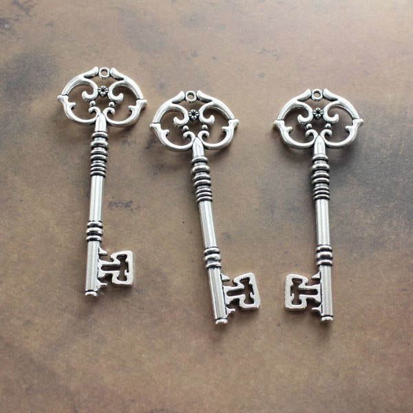 10 Extra Large Heart Keys Giant 3'' Double sided Antique Silver Steampunk Supplies Wedding Key wholesale lot bulk