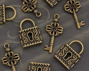 5 Sets Antique Brass Lock & Key Charms Vintage Style Double Sized