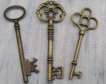 Large 3 inches Keys  Skeleton Keys Collection Antiqued Brass Tone