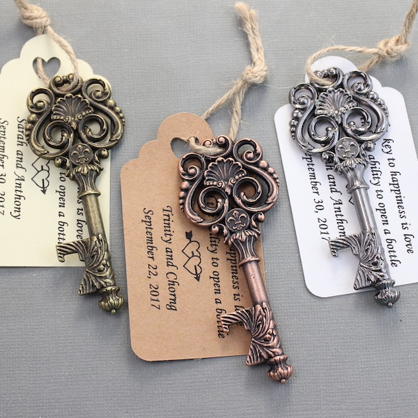 Customizable Wedding Tags & Bottle Opener with Message: 10 Pcs Wedding Favor Multiple Quantities Variety of Skeleton Keys Multiple Colors