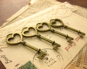 Antique Brass Double sided Heart skeleton Key Charm Steampunk Supplies Wedding Key wholesale lot bulk