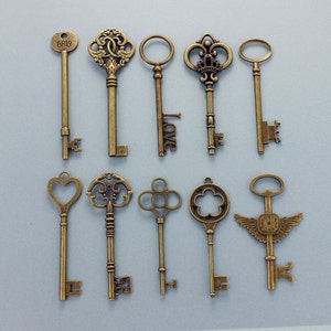 Set of 20 Pcs Large 3 inches Keys  Skeleton Keys Collection Antiqued Brass Tone