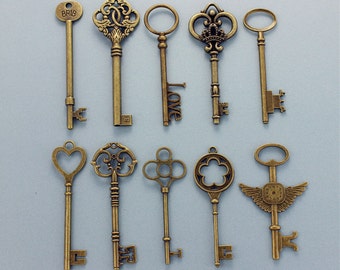 Set of 10 Pcs Large 3 inches Keys  Skeleton Keys Collection Antiqued Brass Tone