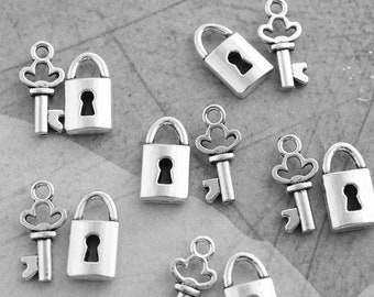 5 Set Antique Silver Vintage Style Tiny Lock & Key Charms