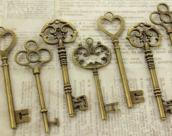 12 Large Skeleton Key Collection Antiqued Brass Double Sided