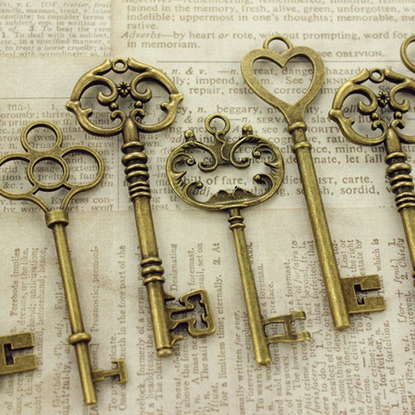 12 Large Skeleton Key Collection Antiqued Brass Double Sided