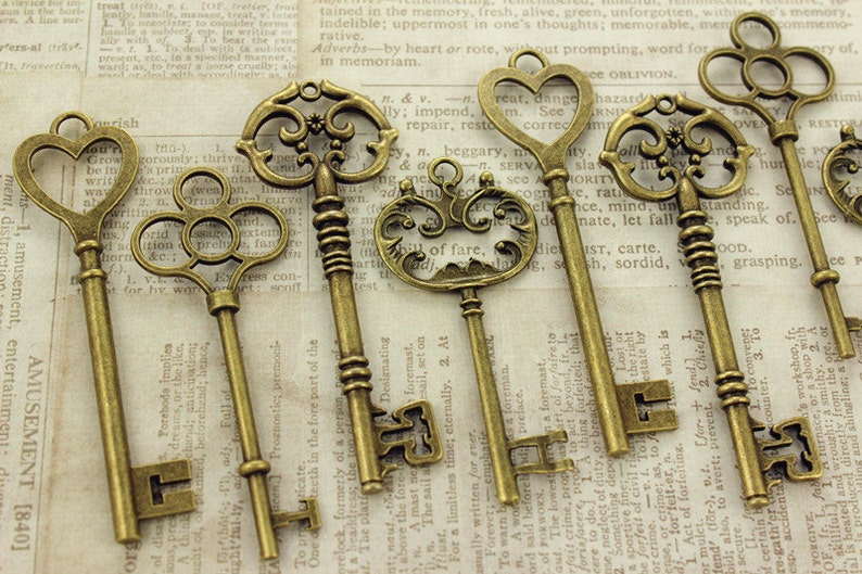 12 Large Skeleton Key Collection Antiqued Brass Double Sided Etsy