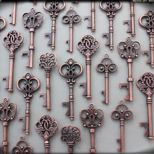 50 Sets Customizable Tags&Keys 50 Tags With Antiqued Copper Bottle Openers Mix Wedding Favor Multiple Quantities Variety of Skeleton Keys image 3