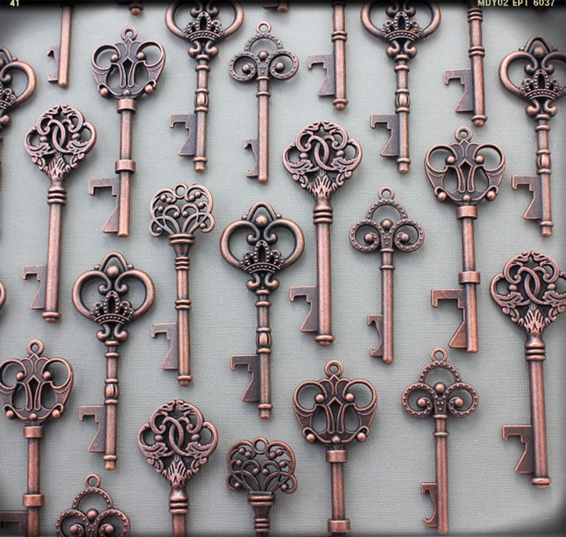 50 Sets Customizable Tags&Keys 50 Tags With Antiqued Copper Bottle Openers Mix Wedding Favor Multiple Quantities Variety of Skeleton Keys image 3