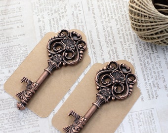 50 pcs Skeleton Key bottle openers Medieval Victorian Leaf Scroll Vintage Keys with Swirl Design Fleur De Lis Key Antique Copper Double Size