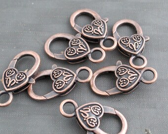 Large Heart Lobster Claw Clasps Antique Copper Tone Lobster 5 Pieces