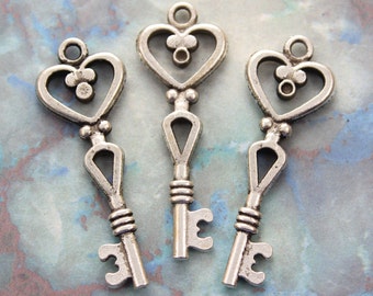 50 Heart Keys Double sided Antique Silver Steampunk Supplies Wedding Key wholesale lot bulk