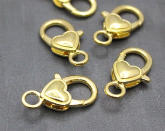 Large Gold Tone Heart Lobster Claw Clasps