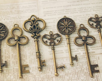 12 Large Skeleton Key Collection Antiqued Brass Double Sided