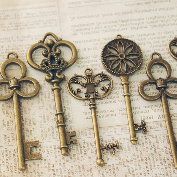 12 Large Skeleton Key Collection Antiqued Brass Double Sided