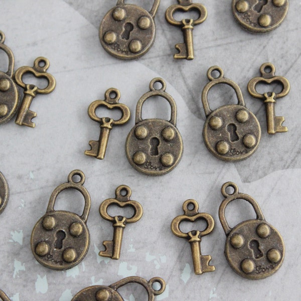 5 Sets Antique Brass Tiny Lock & Key Charms Vintage Style Lock And Key