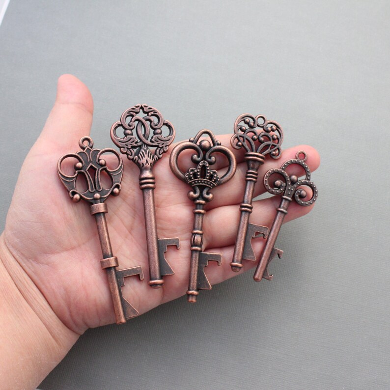 50 Sets Customizable Tags&Keys 50 Tags With Antiqued Copper Bottle Openers Mix Wedding Favor Multiple Quantities Variety of Skeleton Keys image 5