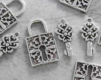 5 Set Antique Silver Heart Lock & Key Charms