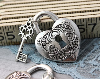 Large Victorian Style Heart Lock Key Charm Antique Silver Steampunk  Supplies Wedding Key