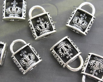 5PCS Antique Silver Crown Locks Charms Double Sized 3D