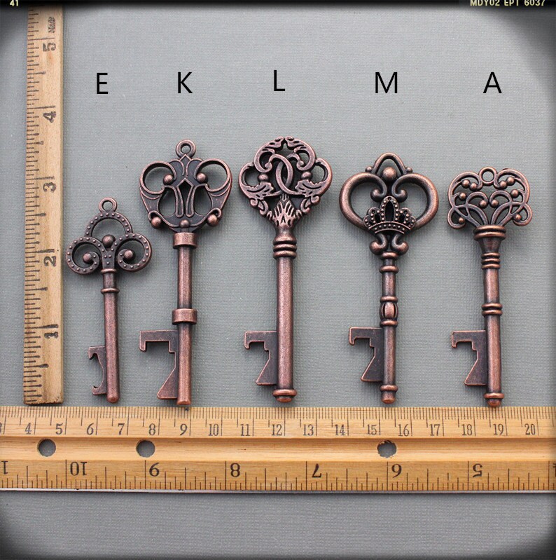 50 Sets Customizable Tags&Keys 50 Tags With Antiqued Copper Bottle Openers Mix Wedding Favor Multiple Quantities Variety of Skeleton Keys image 4