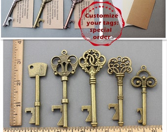 50 Sets Customizable Tags&Keys 50 Tags With Antiqued Brass Bottle Openers Mix Wedding Favor Multiple Quantities Variety of Skeleton Keys