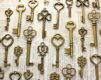 50 Heart Skeleton Key Collection Antiqued Brass Wedding Key Wholesale Lot Bulk Keys Of Octorber