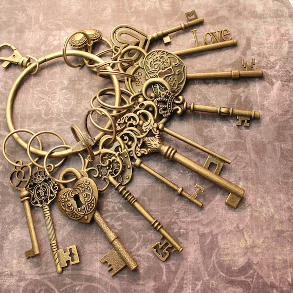 Vintage Brass Skeleton Keys on Key Ring