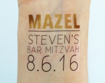 15 Custom Bar/Bat Mitzvah Temporary Tattoos- Glam Gold / Black