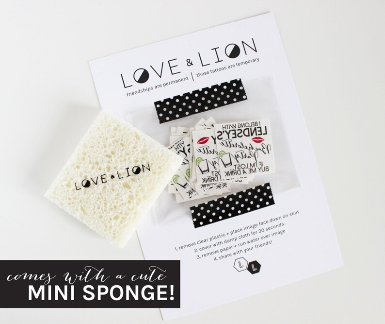 May include: A set of temporary tattoos with fun sayings like "Buy me a drink I'm lost" and "I belong with the bachelorette party". The tattoos come with a small white sponge for application. The packaging is black and white with polka dots.