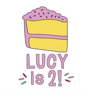 May include: A pink and yellow cake with sprinkles, with the text "LUCY is 2!" in pink.