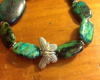 Blue-Green Serpentine & Sterling Butterfly Bracelet