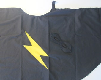 Kids Superhero Magician Cape with lightening bolt and matching felt mask.  One size. - BLACK