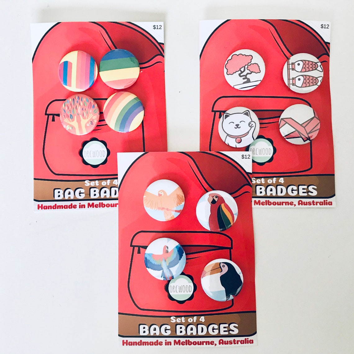 Set of four bag pins badges various designs Etsy