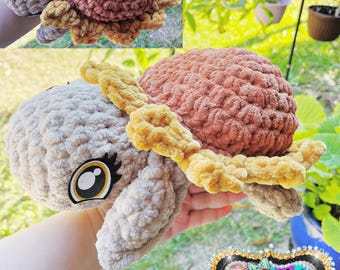 May include: Crocheted sunflower plush toy in shades of brown, yellow, and gray. The plush has a textured, soft appearance, with a detailed sunflower design. The toy is handmade and suitable for children.