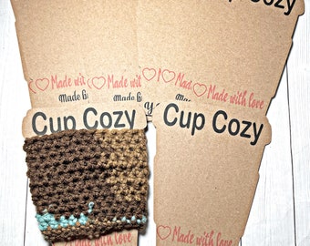 Coffee cozy display cards, personalized coffee cozy display cards, kraft paper cards, wholesale supplies, coffee cozy sleeve, cards, crochet