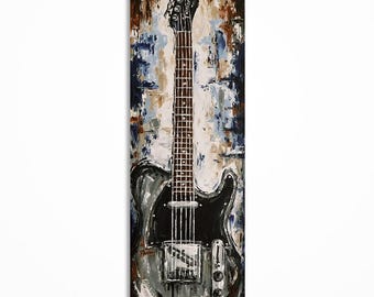 Peut inclure: Peinture abstraite d'une guitare électrique noire et argentée sur un fond texturé de coups de pinceau bruns, bleus et blancs. Le corps de la guitare est noir, avec des accents argentés et une touche de couleur.