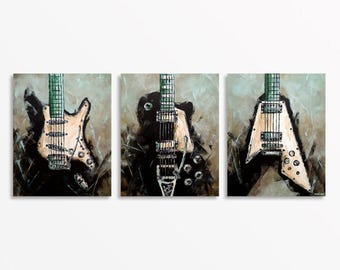 Original Guitar Triptych Painting, Music Studio Wall Art Canvas