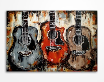 Original Acoustic Guitar Painting, Large Acrylic Music Wall Art on Canvas, Music Studio Decor