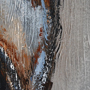 May include: Abstract painting with textured brushstrokes. The artwork features a palette of black, brown, white, and blue hues. The painting has a neutral gray background with vertical lines.