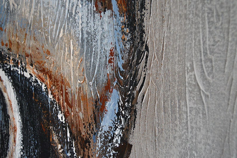 May include: Abstract painting with textured brushstrokes. The artwork features a palette of black, brown, white, and blue hues. The painting has a neutral gray background with vertical lines.