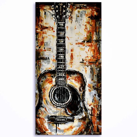 Acoustic Guitar Painting, Music Wall Art, Original Abstract Orange