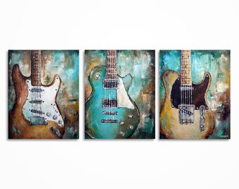 Original Guitar Painting Triptych Acrylic Music Wall Art Contemporary Canvas