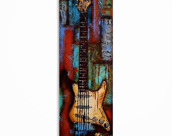 Peut inclure: Peinture abstraite d'une guitare électrique dans les tons de marron, orange, bleu et crème. Le corps de la guitare est de couleur crème avec des cordes noires et un manche marron foncé. Le fond présente un motif texturé et coloré.