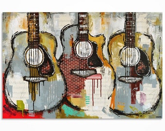 Abstract Acoustic Guitar Painting on Canvas, Original Large Music Wall Art, Music Studio Decor