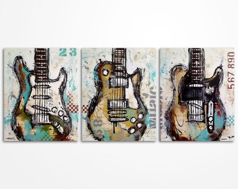 Original Abstract Guitar Painting on Canvas, Triptych Acrylic Music Wall Art, Music Room Decor