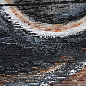 May include: Abstract textured painting with a palette of black, white, and brown. The artwork features layered brushstrokes creating a sense of depth and movement. The composition evokes a landscape or seascape.