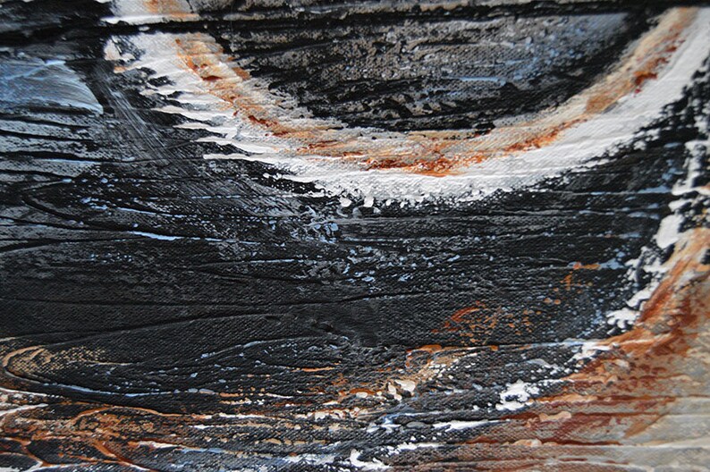 May include: Abstract textured painting with a palette of black, white, and brown. The artwork features layered brushstrokes creating a sense of depth and movement. The composition evokes a landscape or seascape.