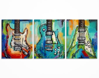 Abstract Guitar Painting on Canvas, Triptych Acrylic Music Wall Art, Original Guitar Artwork