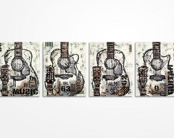 Original Guitar Painting Music Wall Art Modern Quadriptych Artwork on Canvas